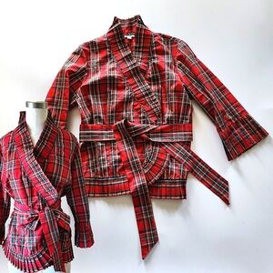 Jaipur Red Plaid Wrap Blouse w/ Pleat Detail and Sash